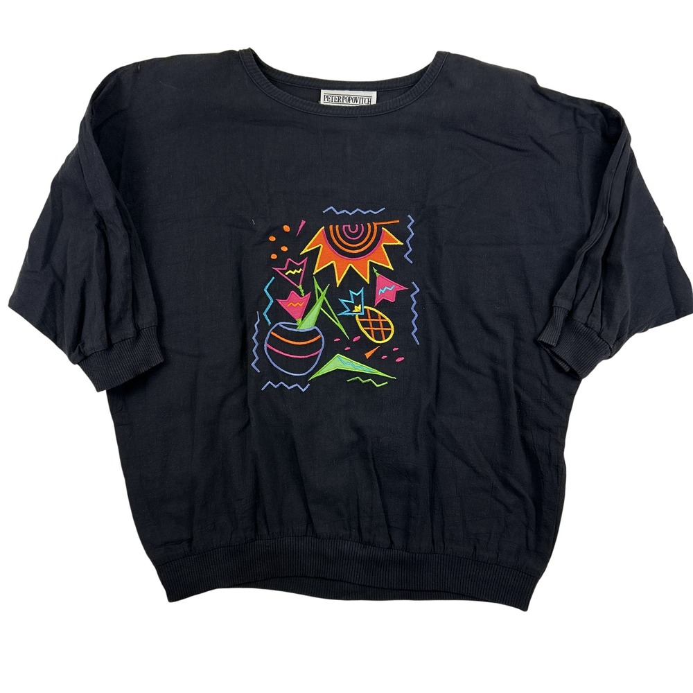 Vintage Peter Popovitch Blouse Womens Large Dolman‎ Sleeve Embroidered 80s 90s